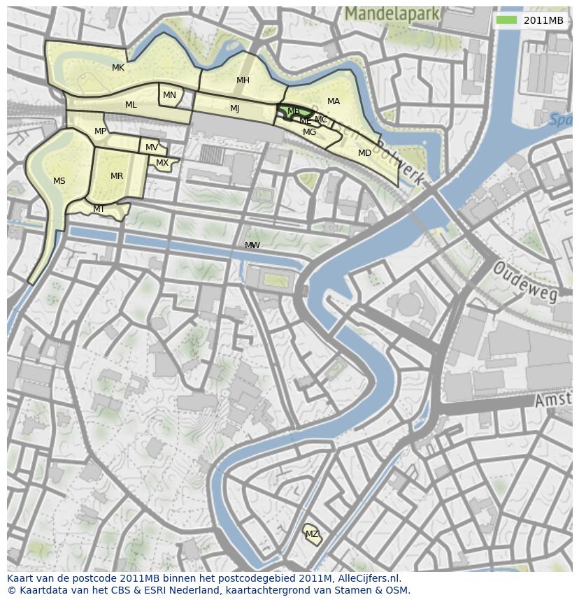 Afbeelding van het postcodegebied 2011 MB op de kaart.