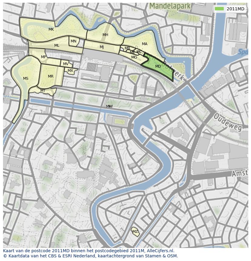 Afbeelding van het postcodegebied 2011 MD op de kaart.