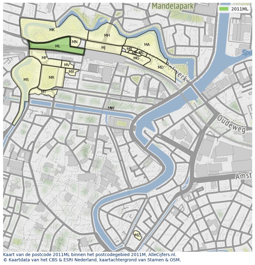 Afbeelding van het postcodegebied 2011 ML op de kaart.