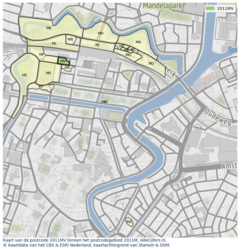 Afbeelding van het postcodegebied 2011 MV op de kaart.