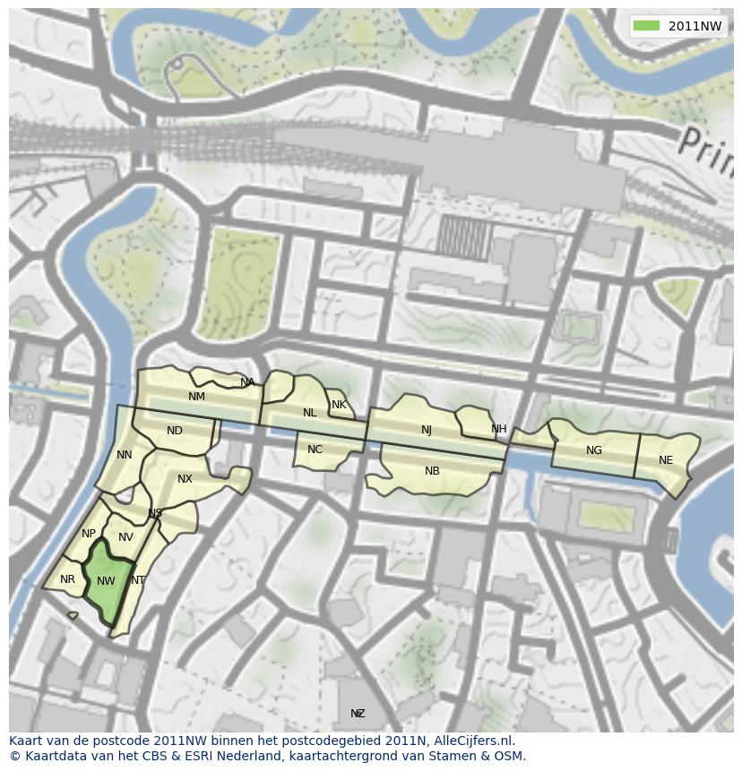 Afbeelding van het postcodegebied 2011 NW op de kaart.