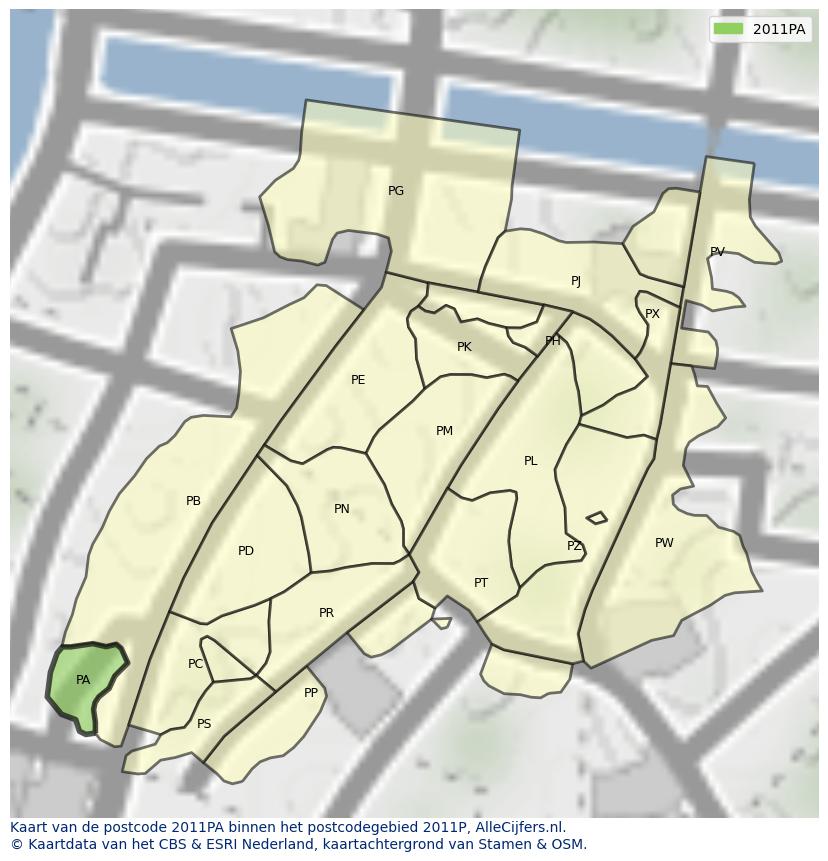 Afbeelding van het postcodegebied 2011 PA op de kaart.