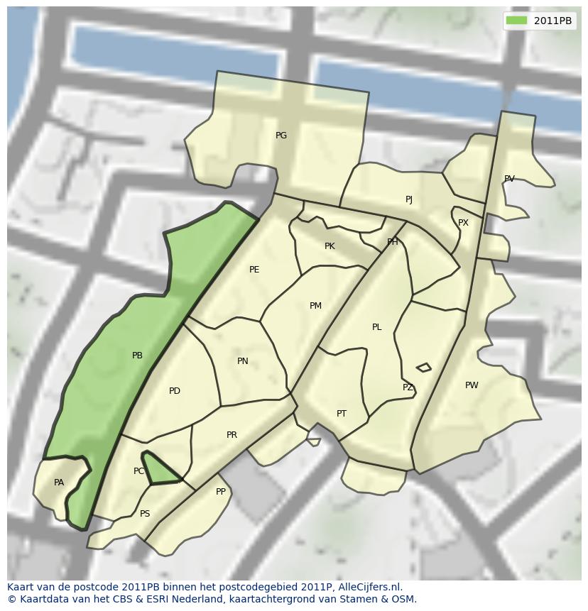 Afbeelding van het postcodegebied 2011 PB op de kaart.