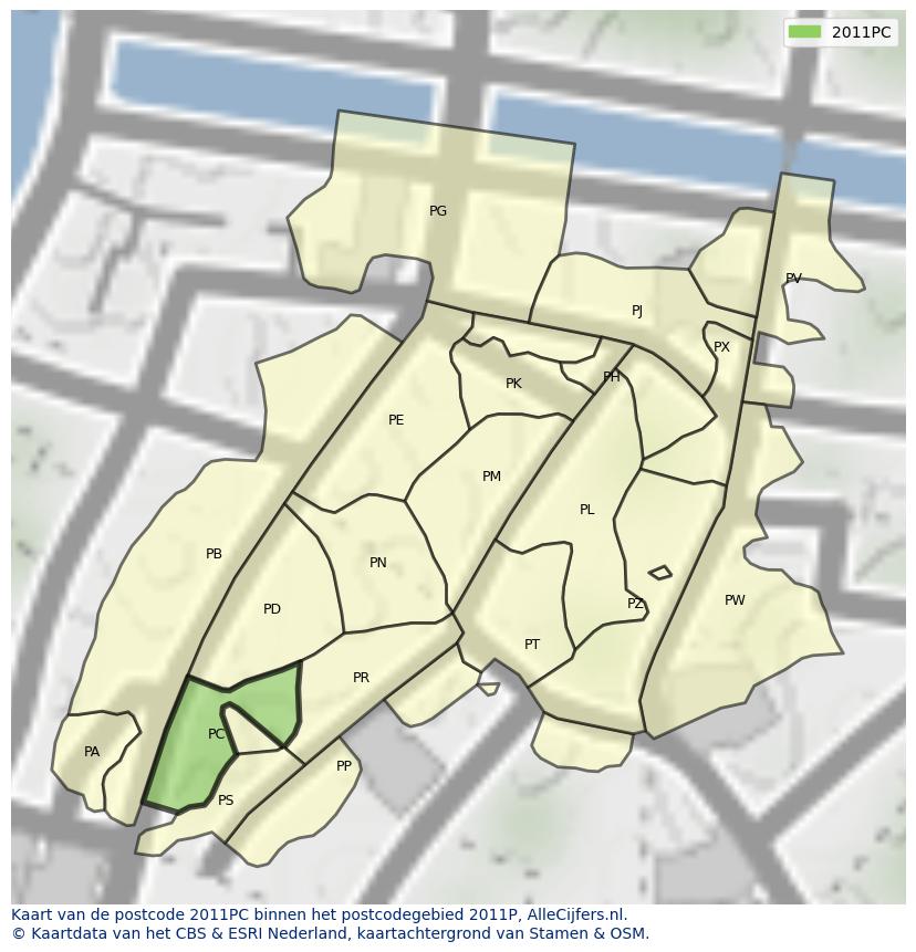 Afbeelding van het postcodegebied 2011 PC op de kaart.