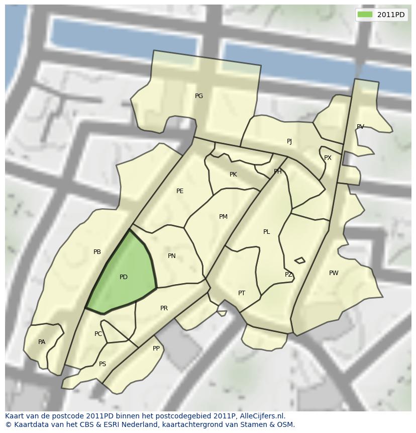 Afbeelding van het postcodegebied 2011 PD op de kaart.
