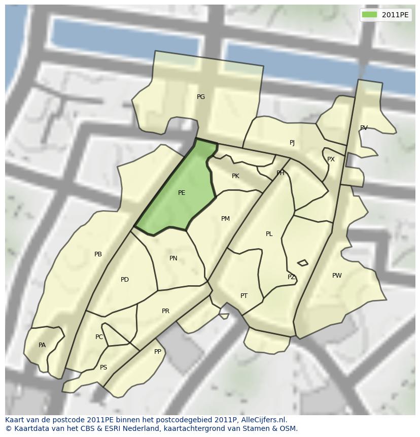 Afbeelding van het postcodegebied 2011 PE op de kaart.