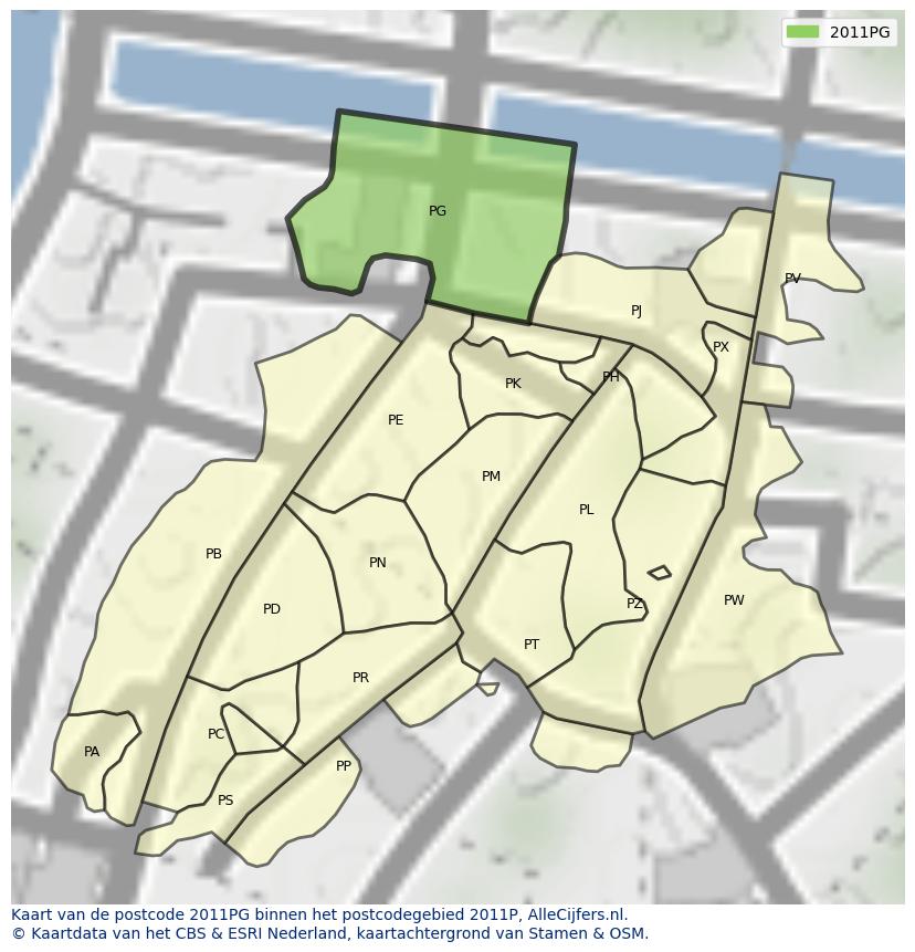 Afbeelding van het postcodegebied 2011 PG op de kaart.