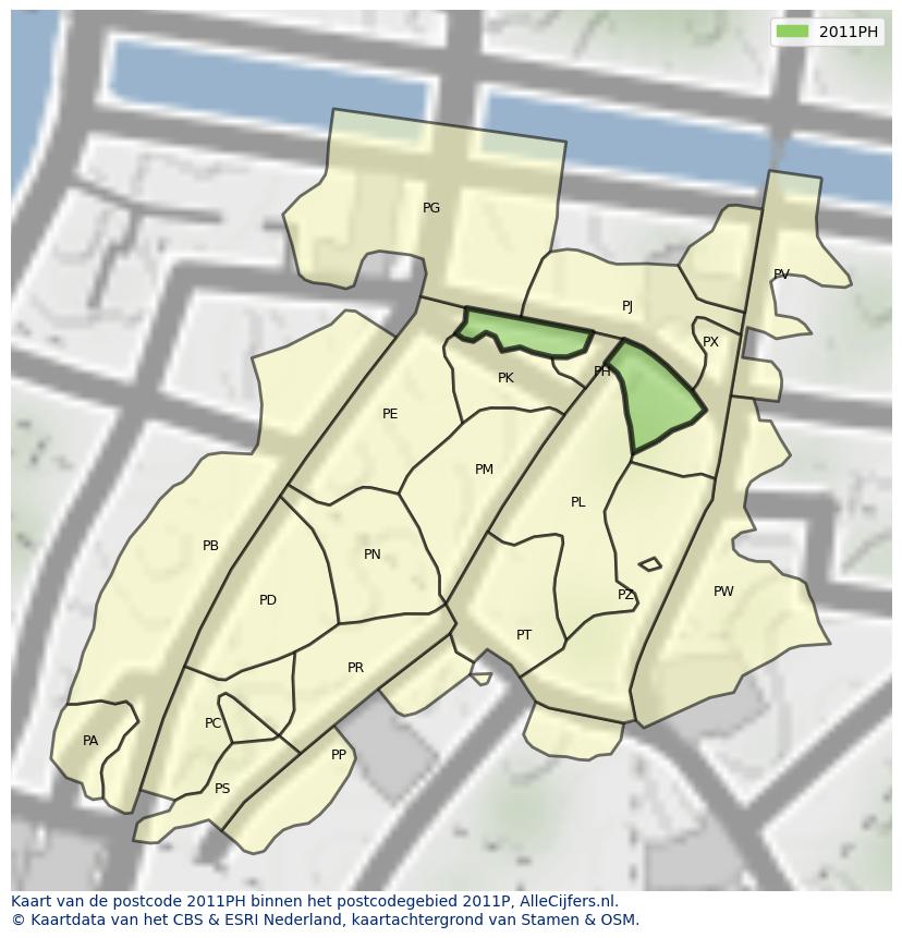 Afbeelding van het postcodegebied 2011 PH op de kaart.