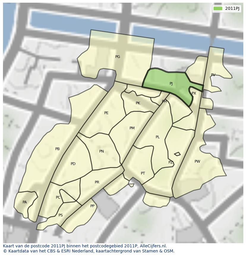 Afbeelding van het postcodegebied 2011 PJ op de kaart.