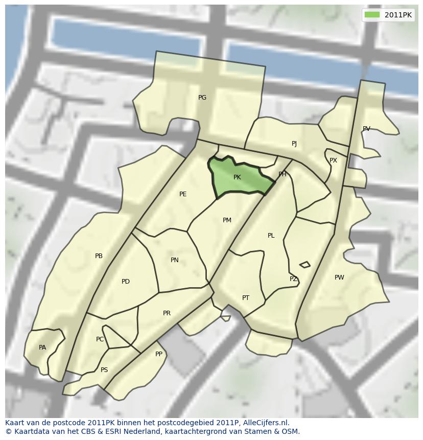 Afbeelding van het postcodegebied 2011 PK op de kaart.