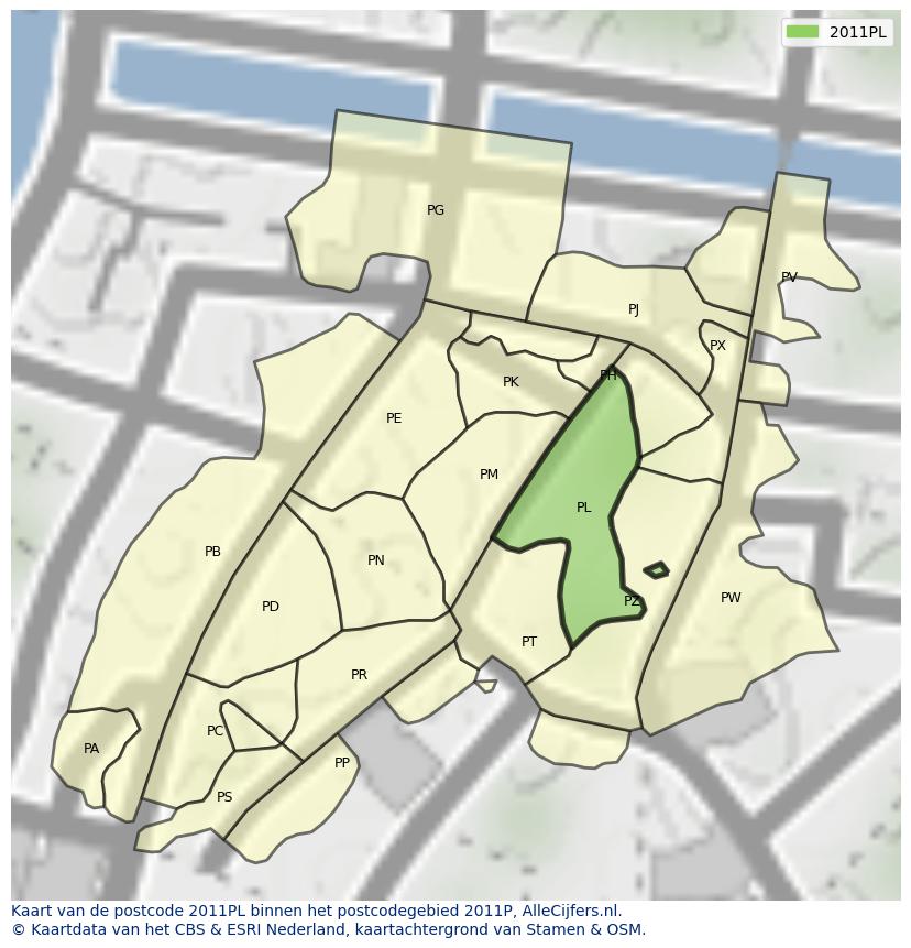Afbeelding van het postcodegebied 2011 PL op de kaart.