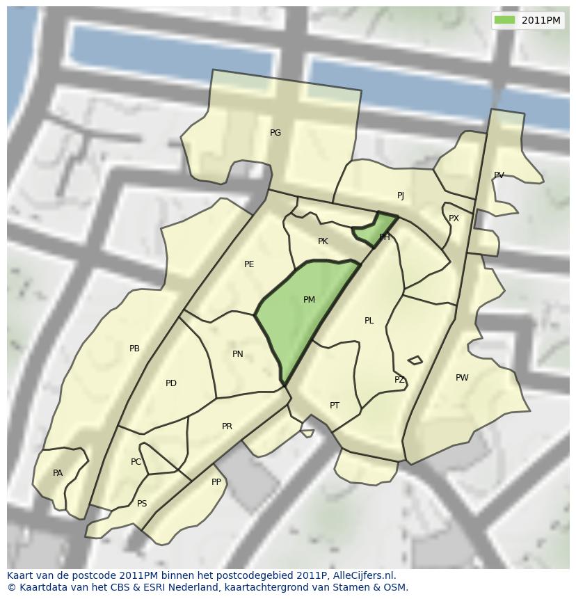 Afbeelding van het postcodegebied 2011 PM op de kaart.