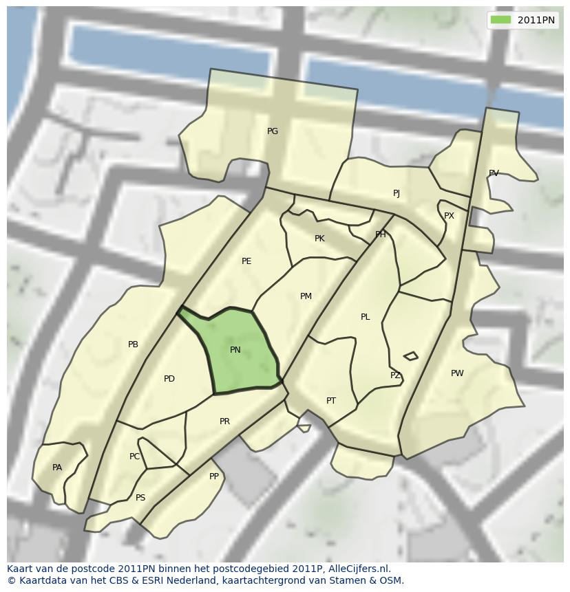 Afbeelding van het postcodegebied 2011 PN op de kaart.