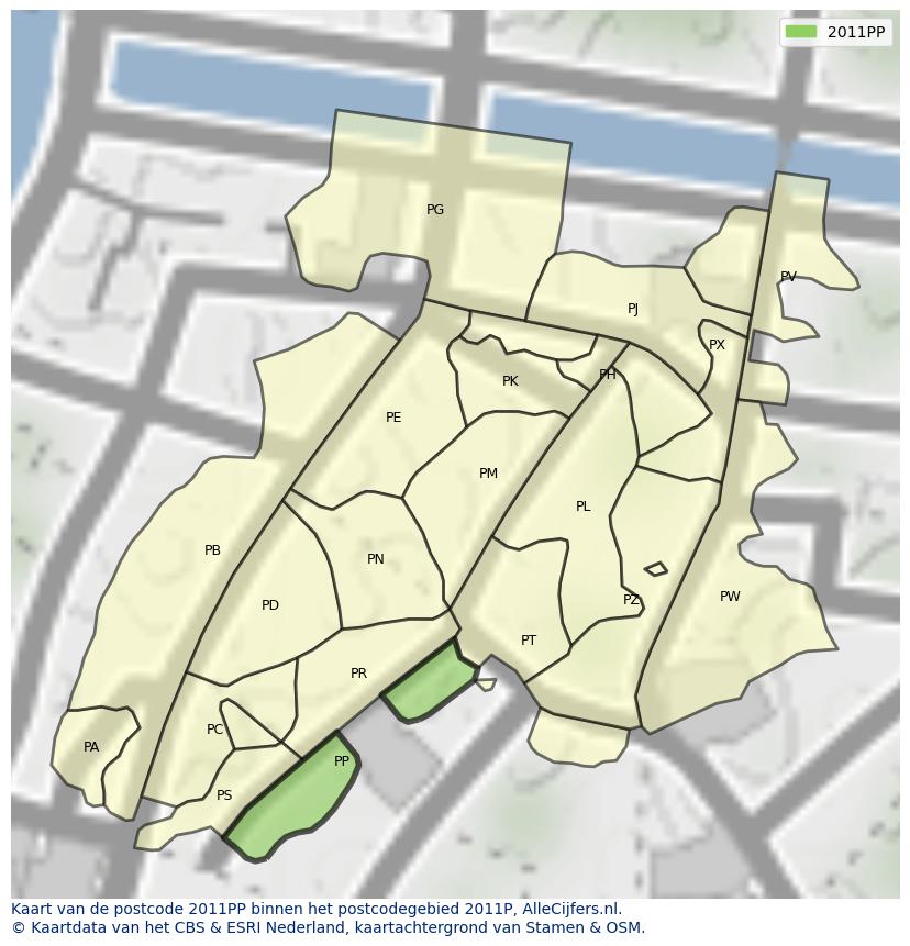 Afbeelding van het postcodegebied 2011 PP op de kaart.