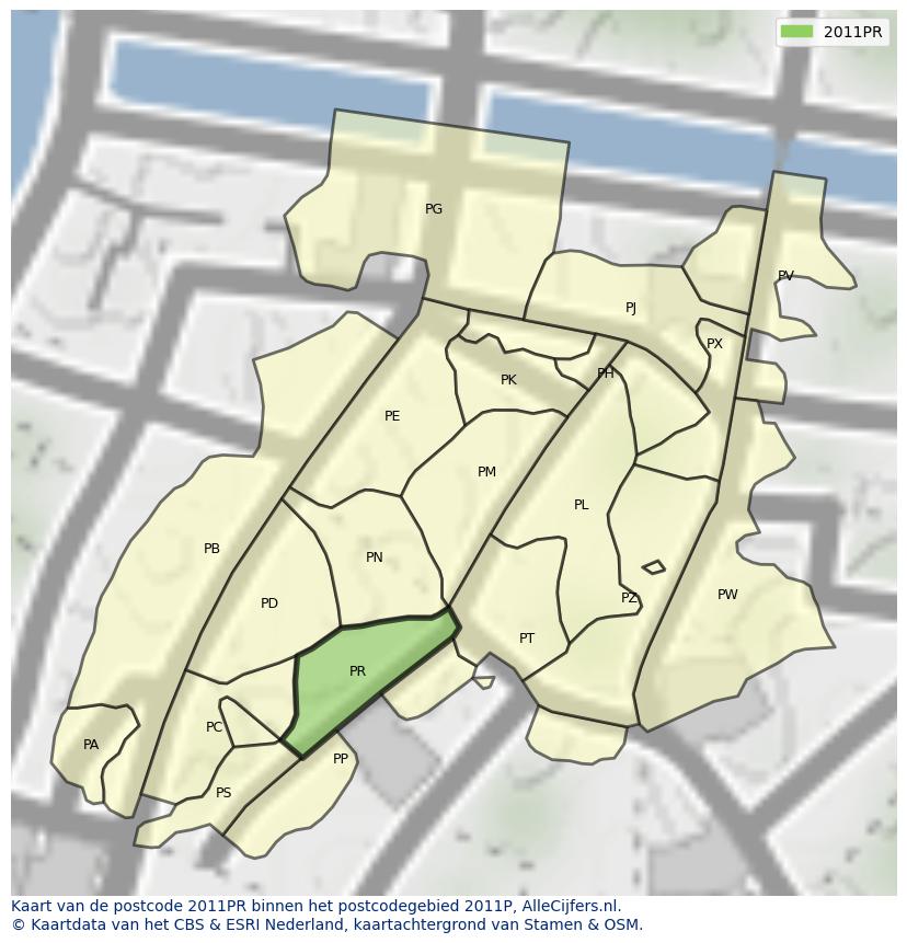 Afbeelding van het postcodegebied 2011 PR op de kaart.