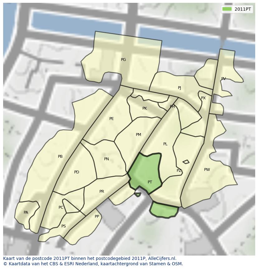 Afbeelding van het postcodegebied 2011 PT op de kaart.