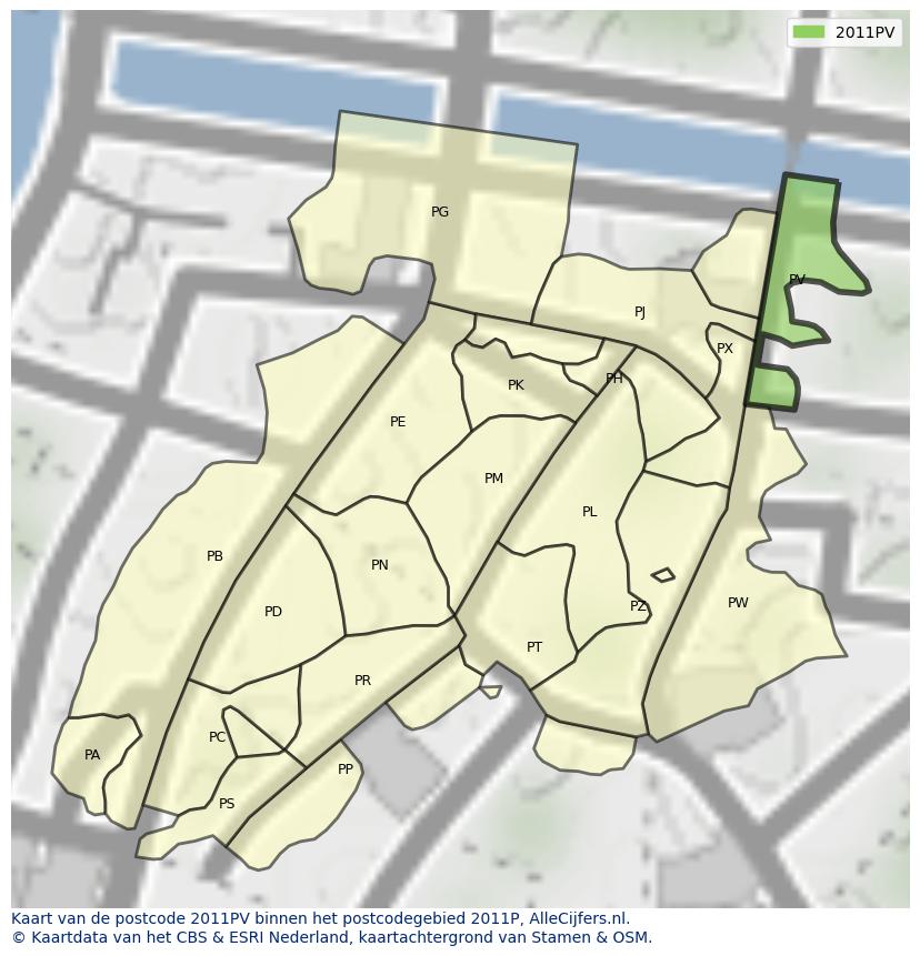 Afbeelding van het postcodegebied 2011 PV op de kaart.