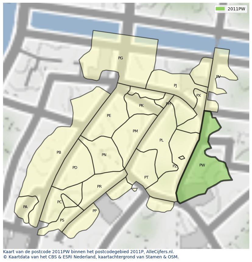Afbeelding van het postcodegebied 2011 PW op de kaart.