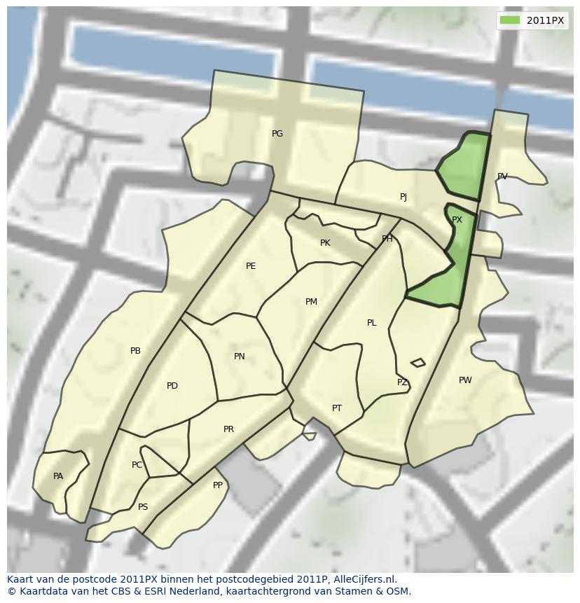 Afbeelding van het postcodegebied 2011 PX op de kaart.