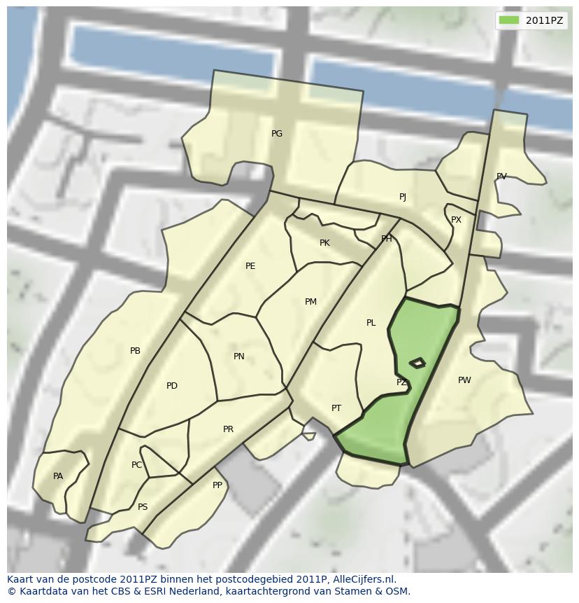 Afbeelding van het postcodegebied 2011 PZ op de kaart.