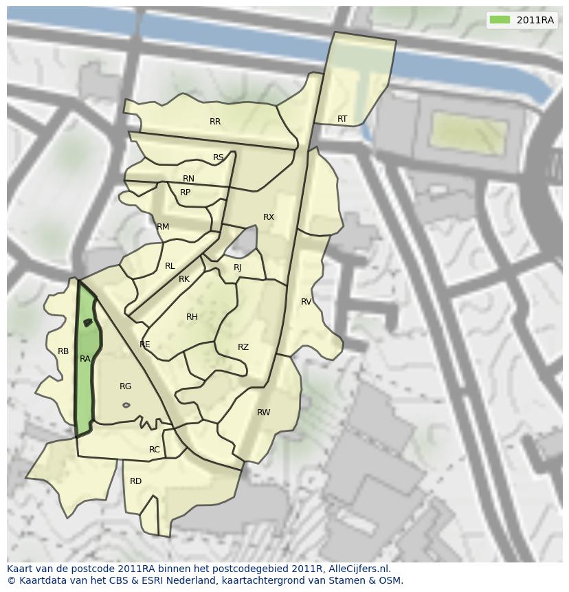 Afbeelding van het postcodegebied 2011 RA op de kaart.