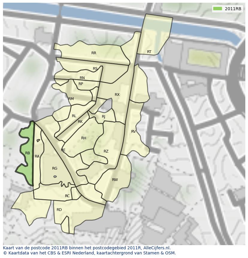 Afbeelding van het postcodegebied 2011 RB op de kaart.