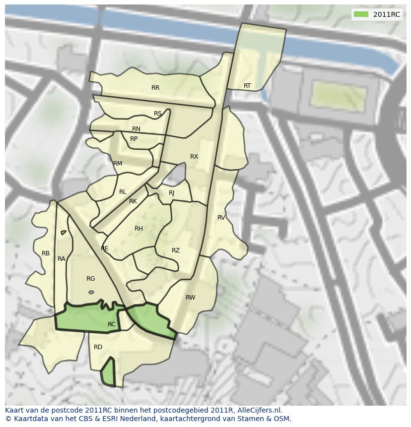 Afbeelding van het postcodegebied 2011 RC op de kaart.