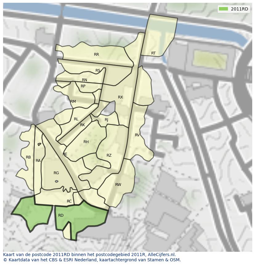Afbeelding van het postcodegebied 2011 RD op de kaart.