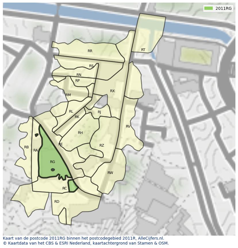 Afbeelding van het postcodegebied 2011 RG op de kaart.