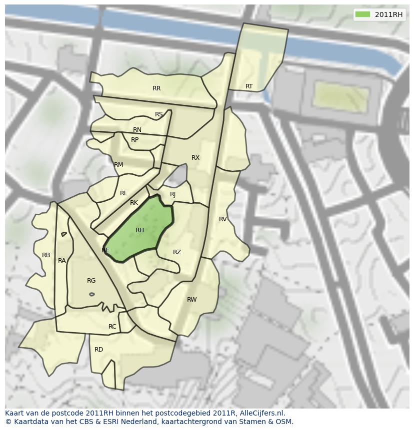 Afbeelding van het postcodegebied 2011 RH op de kaart.