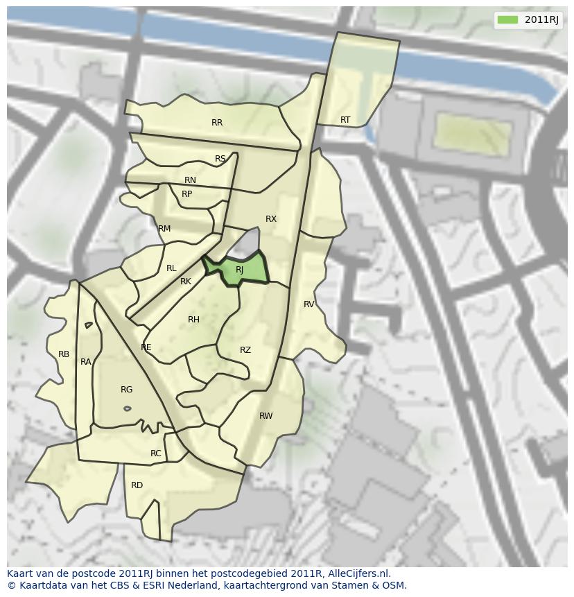 Afbeelding van het postcodegebied 2011 RJ op de kaart.