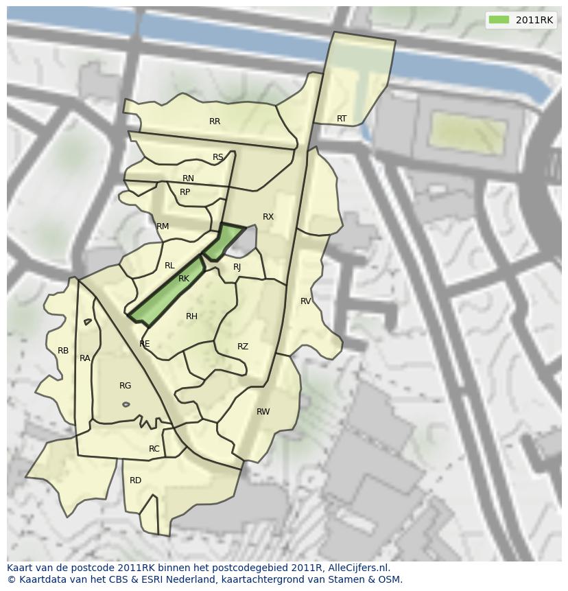 Afbeelding van het postcodegebied 2011 RK op de kaart.