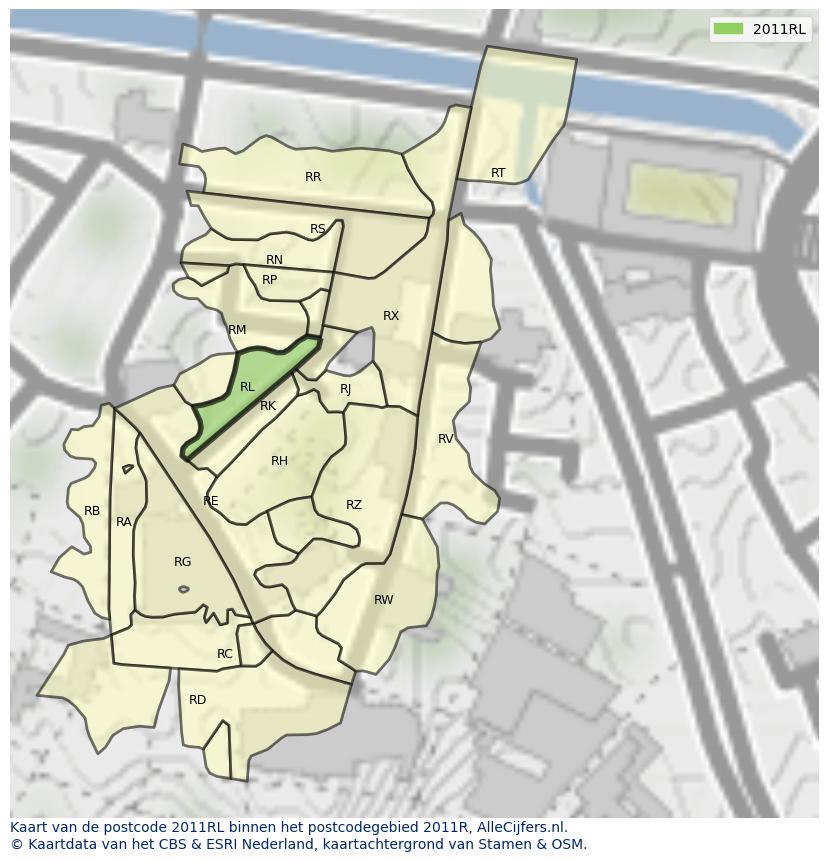 Afbeelding van het postcodegebied 2011 RL op de kaart.