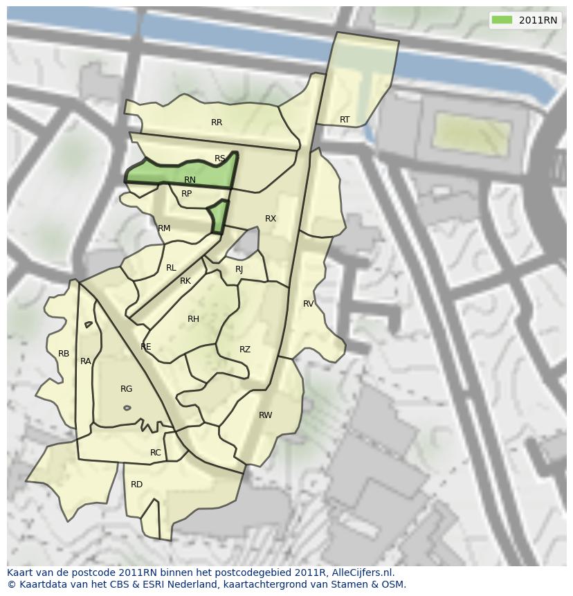 Afbeelding van het postcodegebied 2011 RN op de kaart.