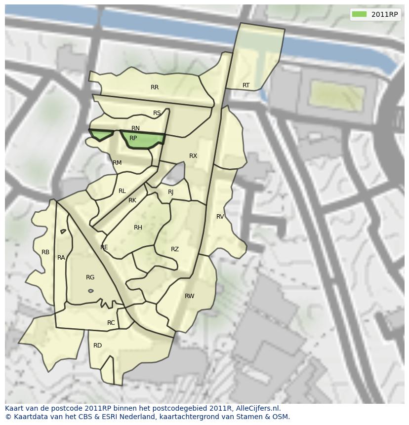 Afbeelding van het postcodegebied 2011 RP op de kaart.