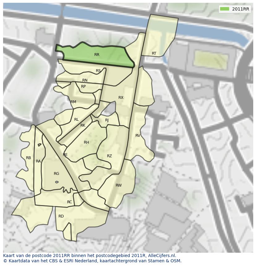 Afbeelding van het postcodegebied 2011 RR op de kaart.