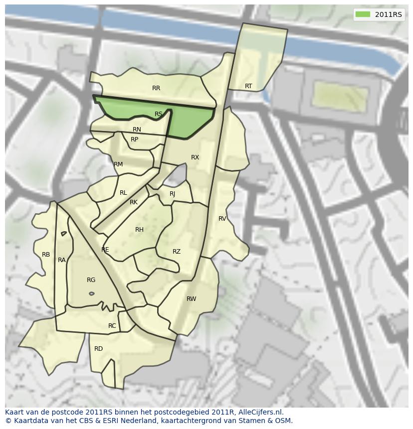 Afbeelding van het postcodegebied 2011 RS op de kaart.