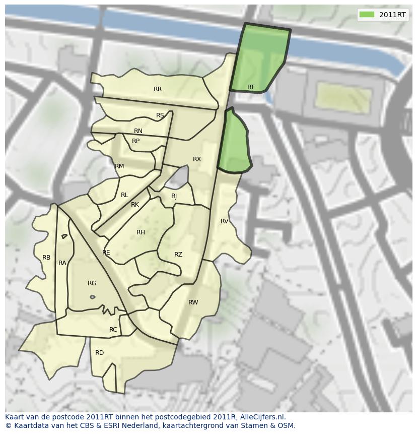 Afbeelding van het postcodegebied 2011 RT op de kaart.