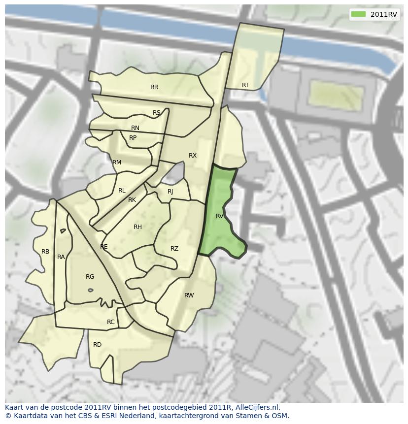 Afbeelding van het postcodegebied 2011 RV op de kaart.