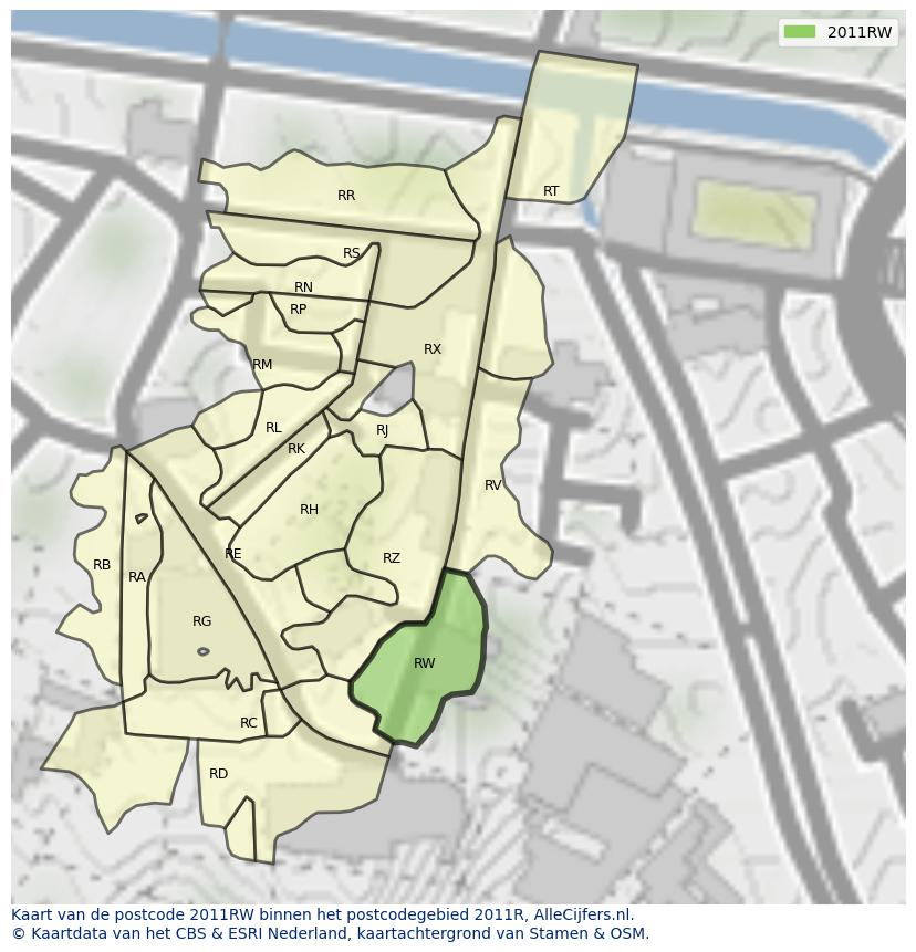 Afbeelding van het postcodegebied 2011 RW op de kaart.