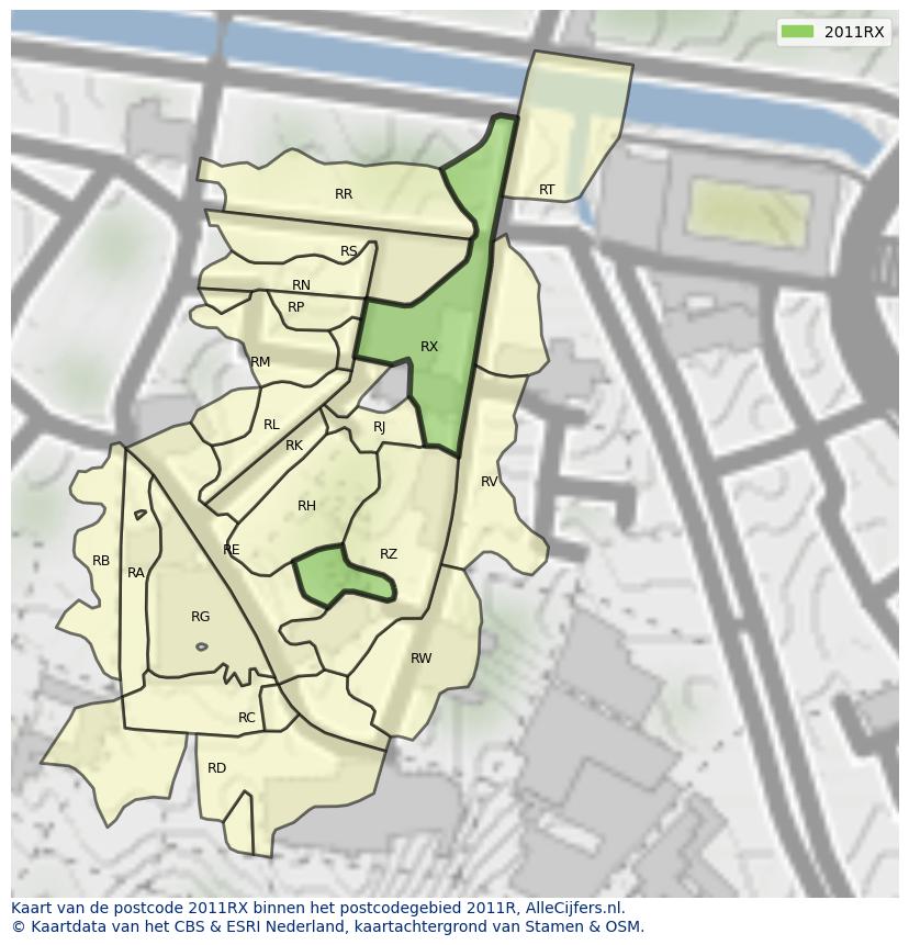 Afbeelding van het postcodegebied 2011 RX op de kaart.