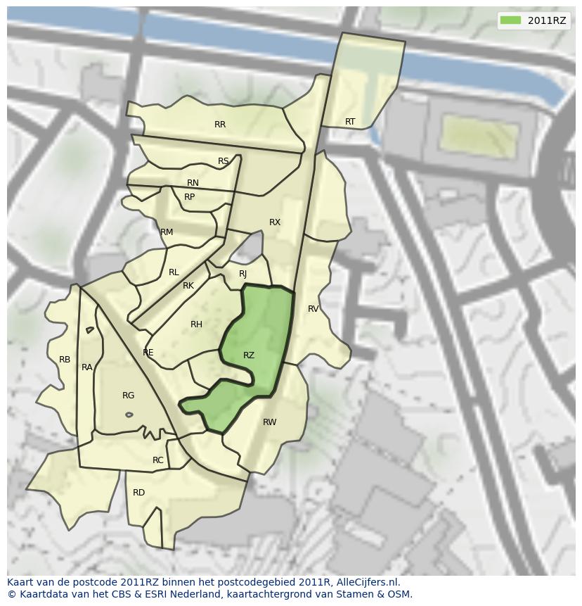Afbeelding van het postcodegebied 2011 RZ op de kaart.