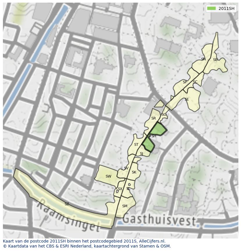Afbeelding van het postcodegebied 2011 SH op de kaart.