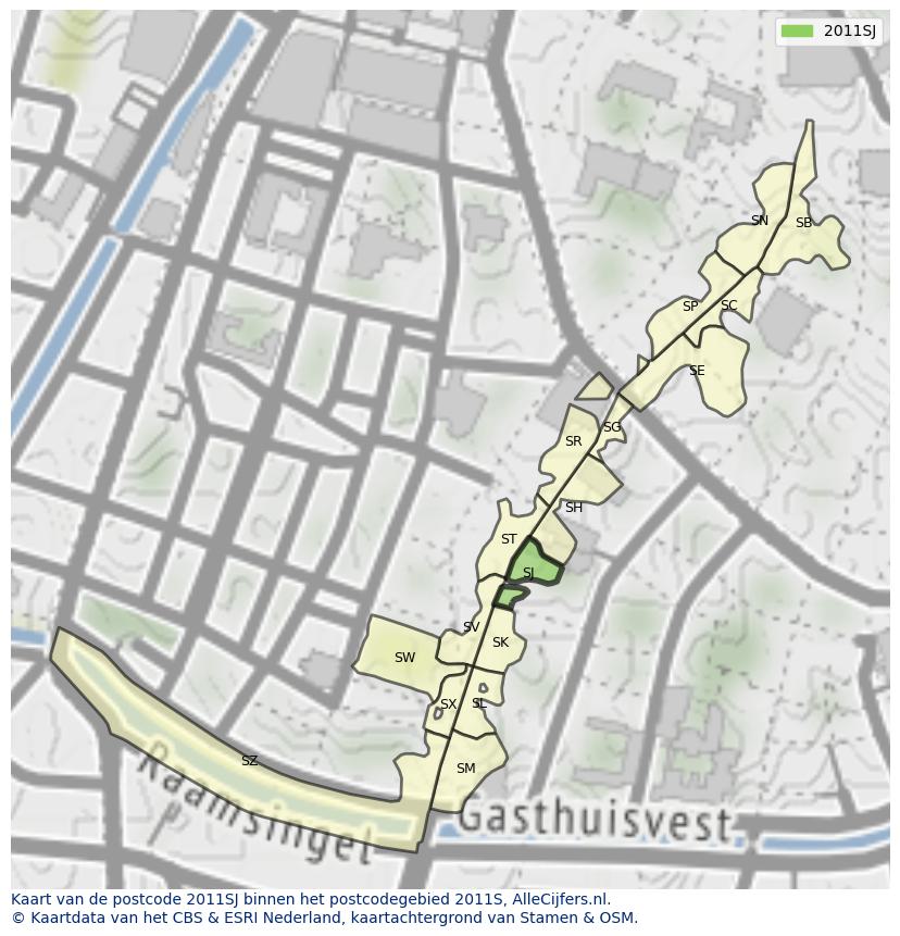 Afbeelding van het postcodegebied 2011 SJ op de kaart.
