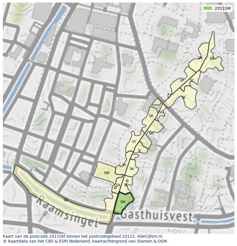 Afbeelding van het postcodegebied 2011 SM op de kaart.