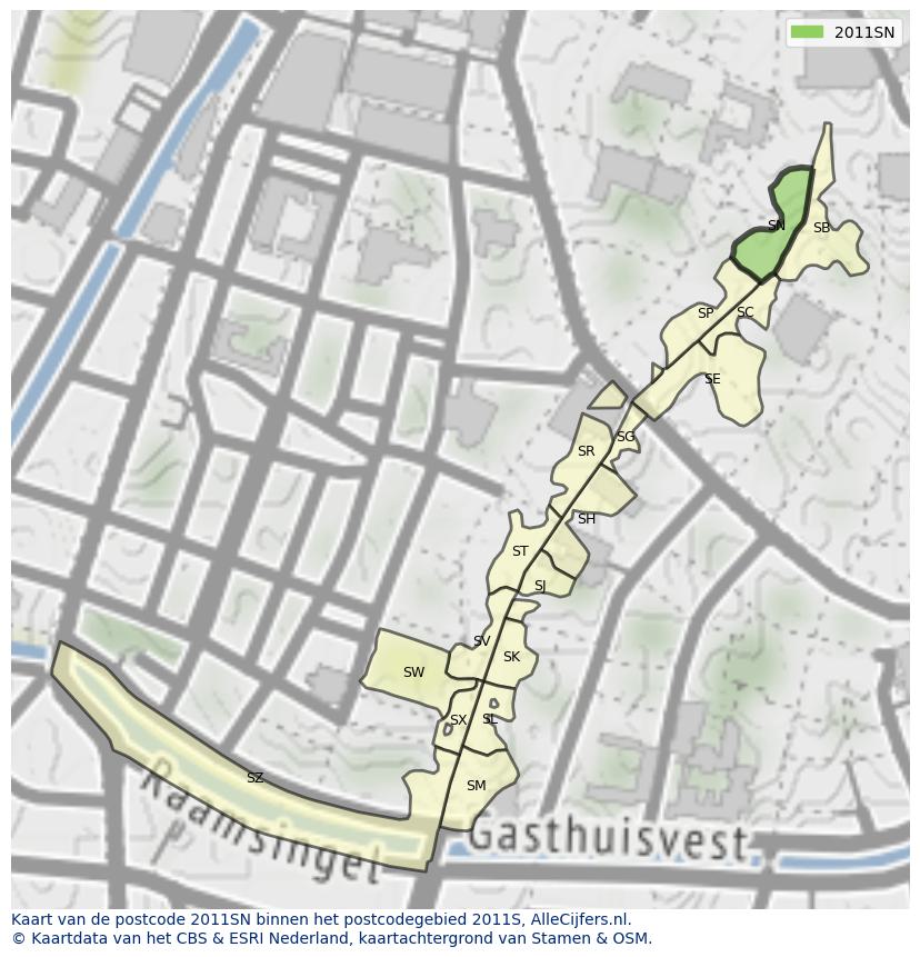 Afbeelding van het postcodegebied 2011 SN op de kaart.