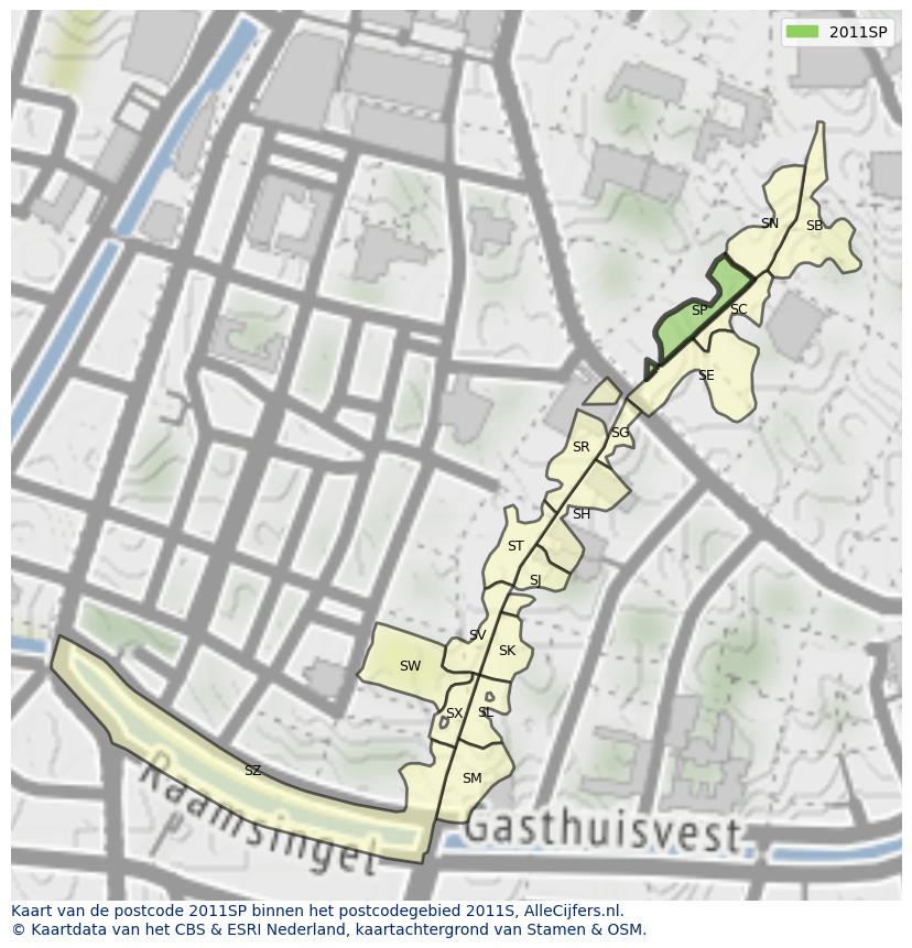 Afbeelding van het postcodegebied 2011 SP op de kaart.