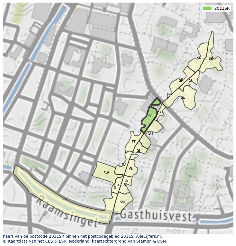 Afbeelding van het postcodegebied 2011 SR op de kaart.