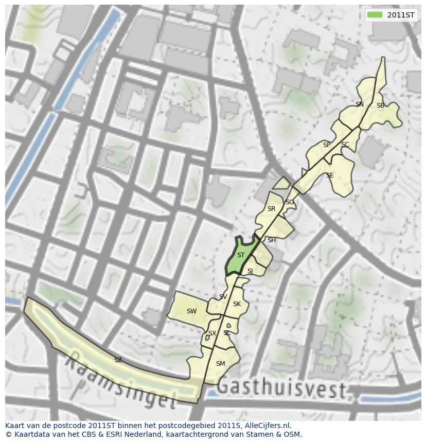 Afbeelding van het postcodegebied 2011 ST op de kaart.