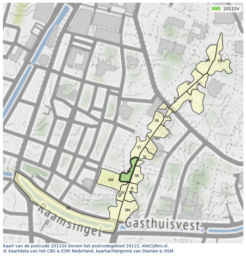Afbeelding van het postcodegebied 2011 SV op de kaart.